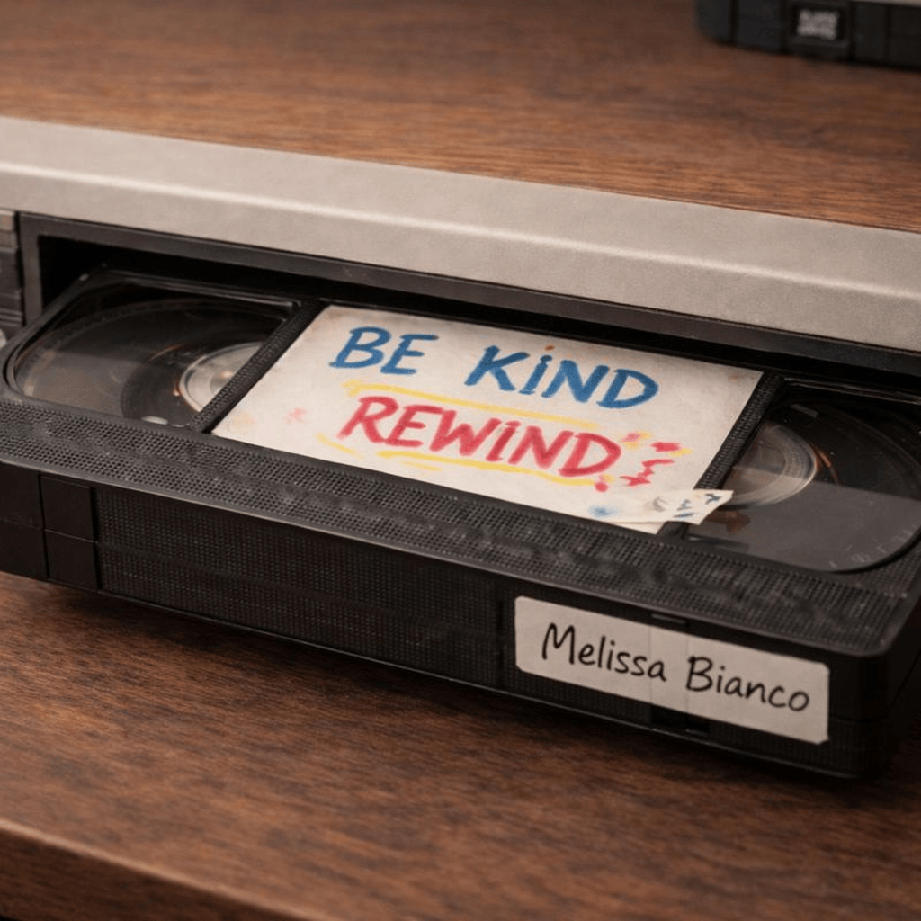 Be Kind, Rewind by Melissa Bianco, a VHS cassette with a handwritten label