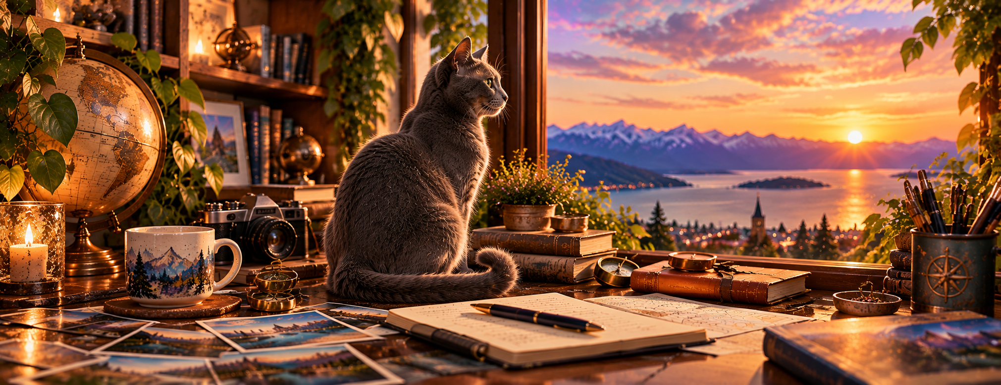 Russian Blue cat looking out at the sunset from a cozy desk