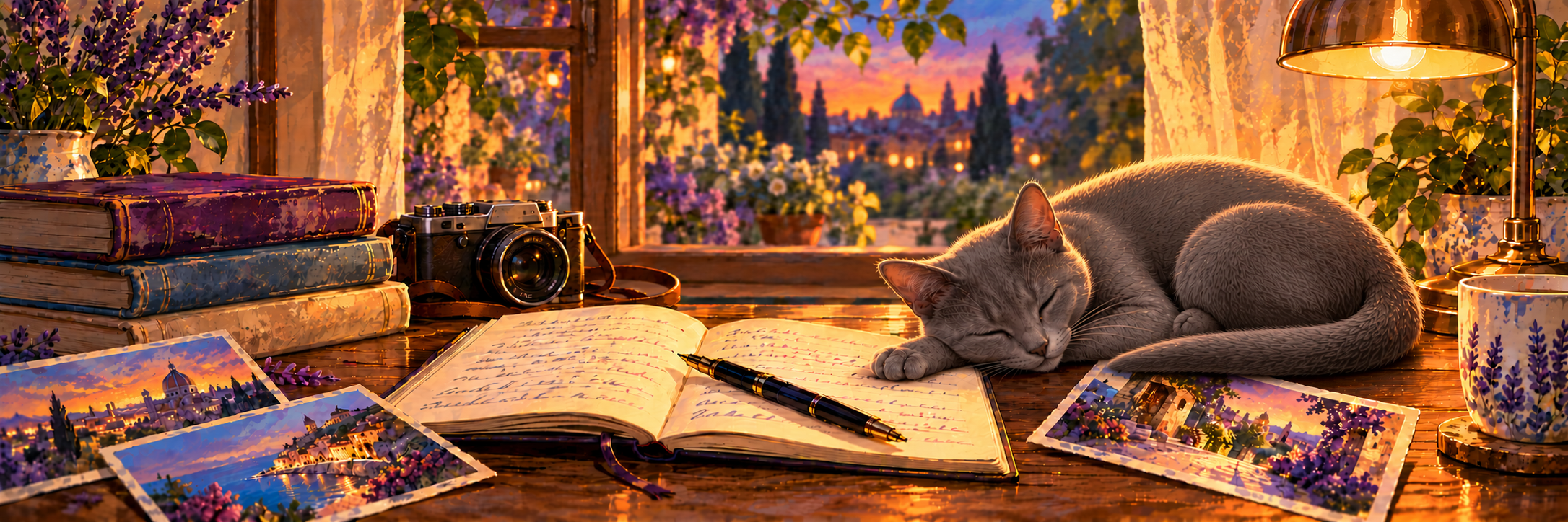 Remi, a gray Russian Blue cat, sleeping on a photograph with a paw resting on an open notebook