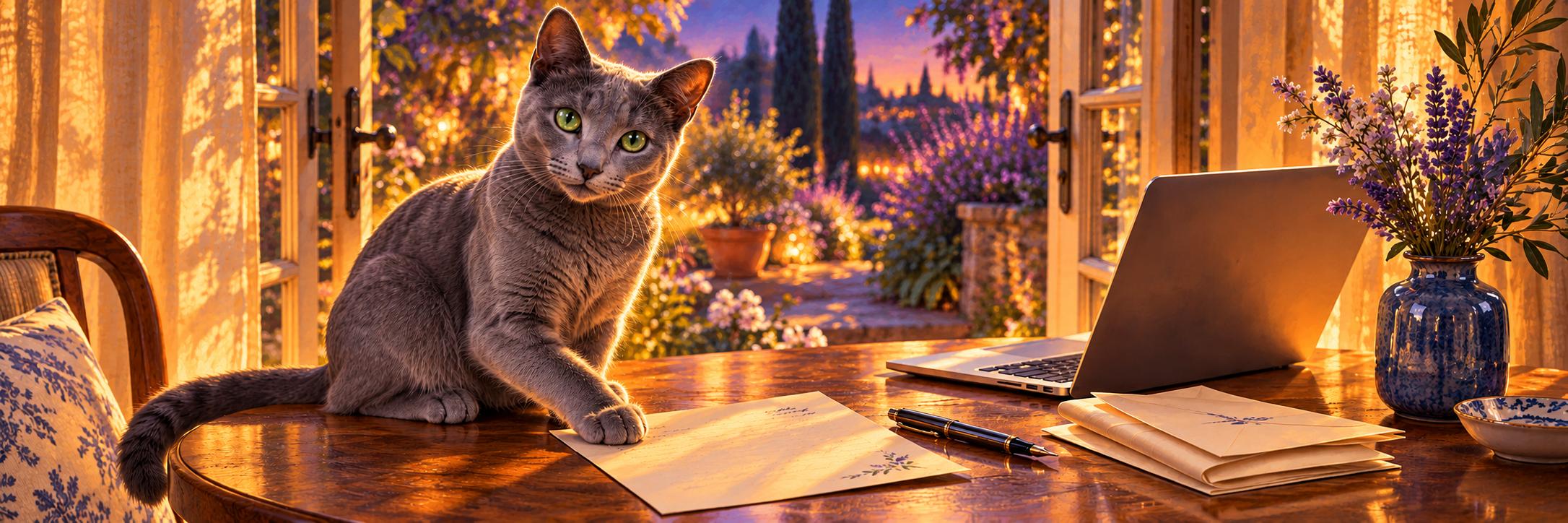 Remi, a Russian Blue cat, resting a paw on a letter beside a laptop in a warmly lit garden room