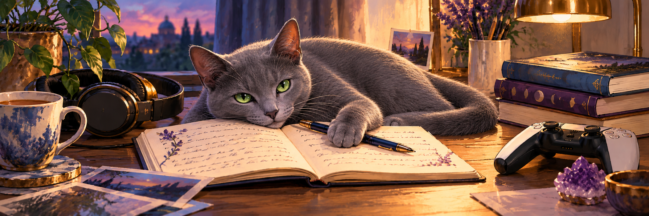 A solid gray Russian Blue cat resting on a lyric notebook beside headphones, books, and a game controller in warm lamplight