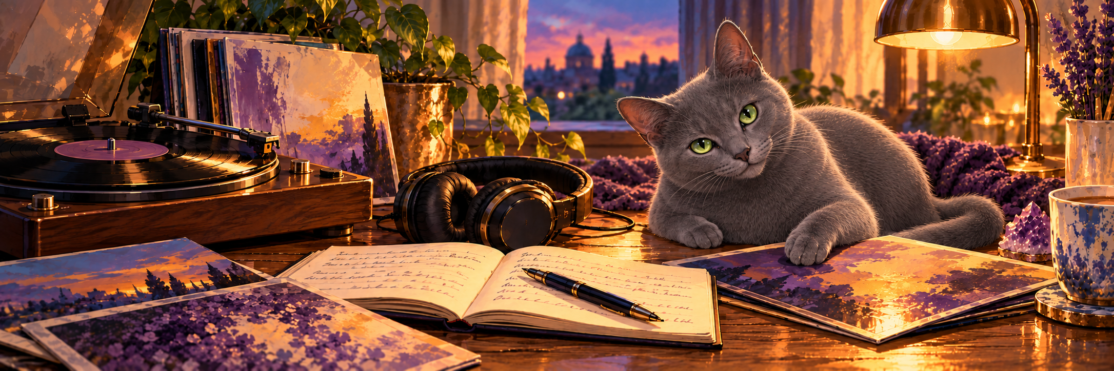 Solid-gray Russian Blue Remi beside records, headphones and a lyric notebook in warm lamplight