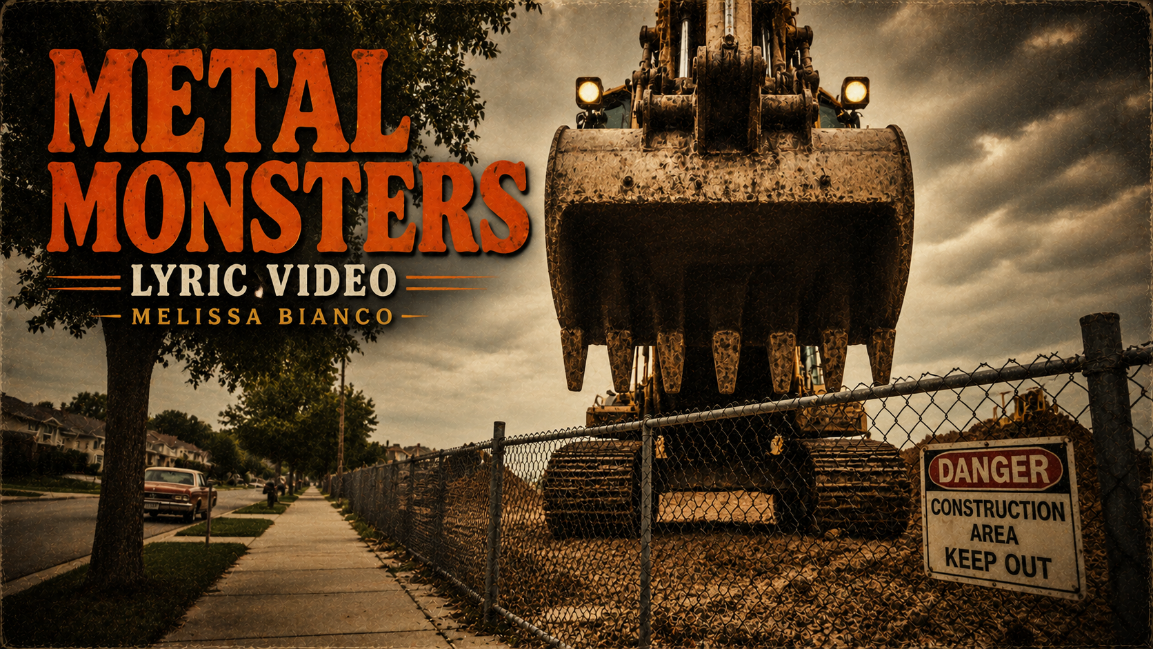 Metal Monsters lyric video artwork, towering construction machinery viewed from ground level