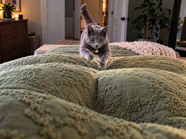 AI illustration of a gray Russian Blue cat pouncing onto an air-puffed bedspread