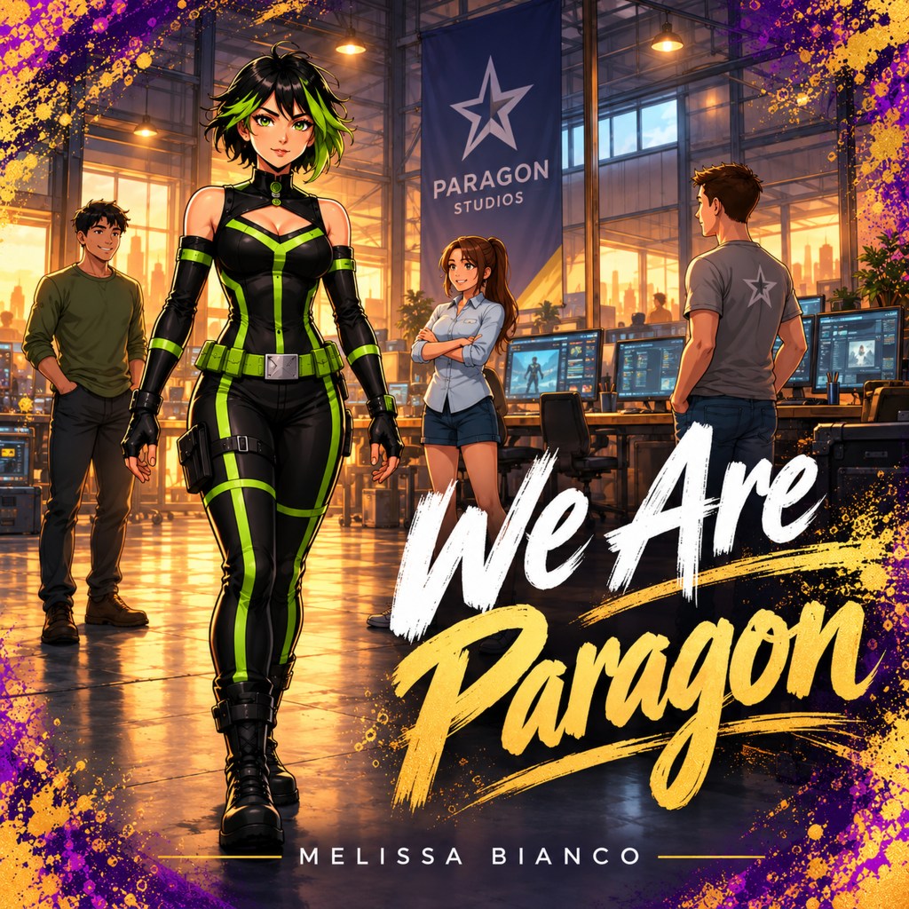 We Are Paragon by Melissa Bianco, a black-and-green superheroine with game developers in a warmly lit Paragon Studios workspace